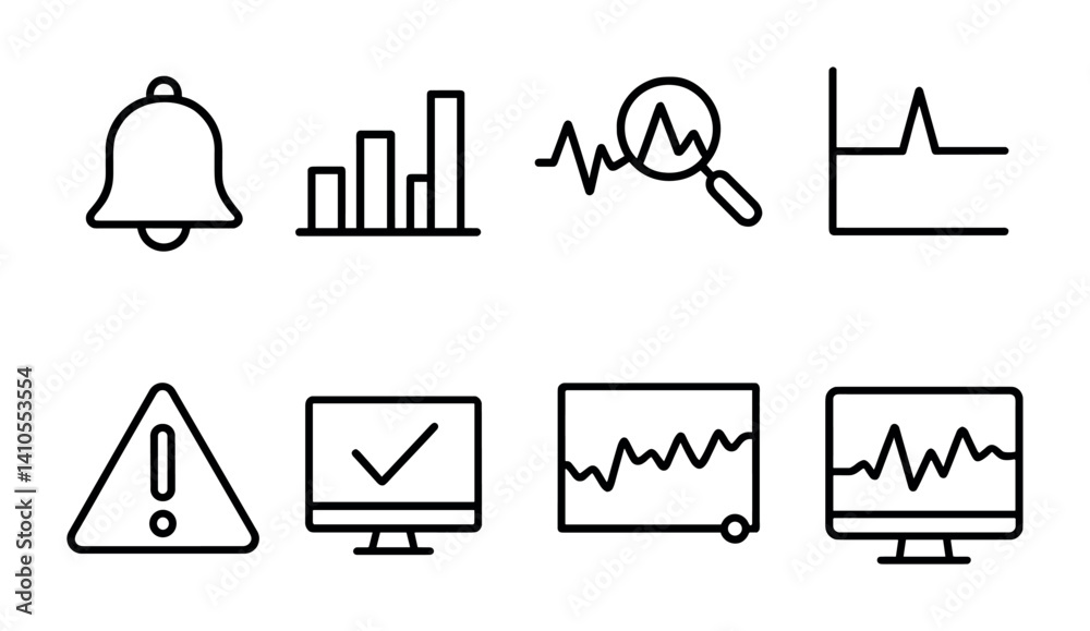 outline vector icons of data monitoring: alert bell, log chart, anomaly detection, threshold, spike icon, warning triangle, system status, real-time graph. set of line style icons in a modern,