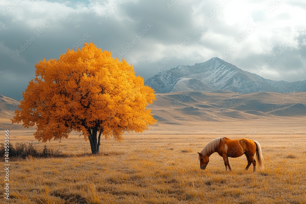 Grazing horse under golden tree mountain landscape nature photography wide angle