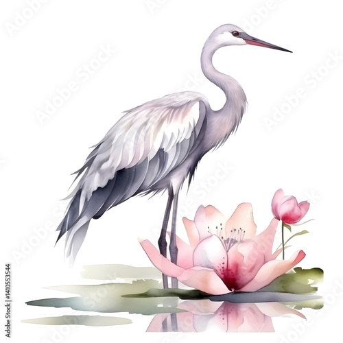 watercolor crane with delicate feather strokes standing near lotus flowers soft pastel tones nature clip art white background