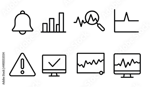Obraz na płótnie outline vector icons of data monitoring: alert bell, log chart, anomaly detection, threshold, spike icon, warning triangle, system status, real-time graph. set of line style icons in a modern, w salonie