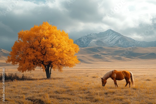 Obraz na płótnie Grazing horse under golden tree mountain landscape nature photography wide angle w salonie