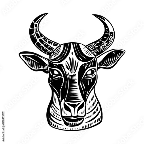 A vintage style illustration of tribal horned cow