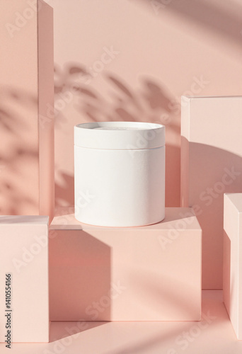 Minimalist white container on pastel pink geometric background  