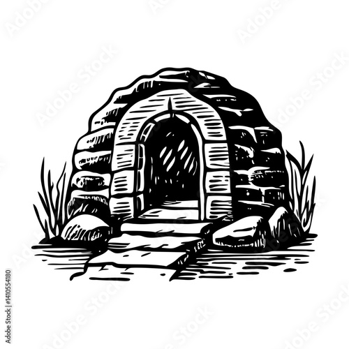 Ancient tomb entrance illustration in vintage style