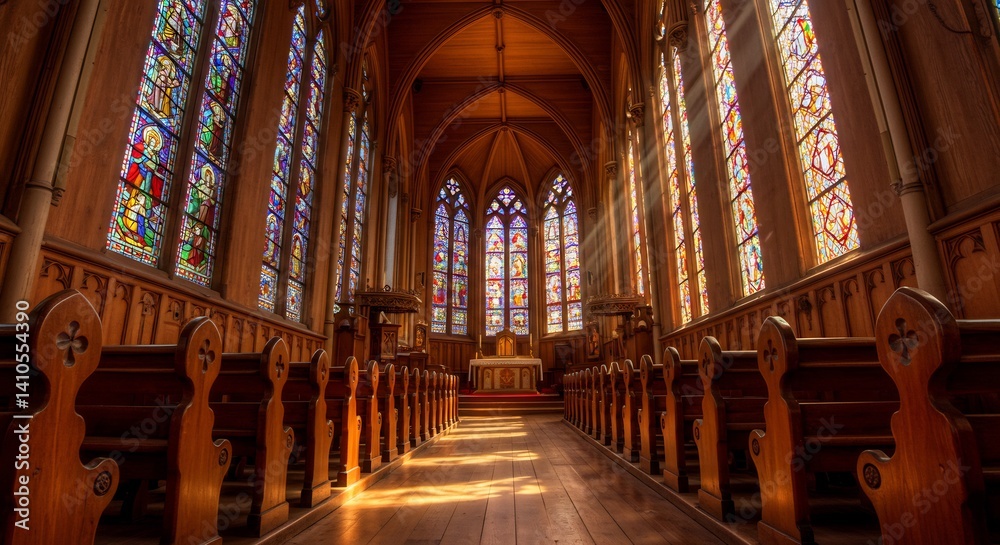 Fototapeta premium 静謐な空間を彩るステンドグラス、木造教会の温かい光