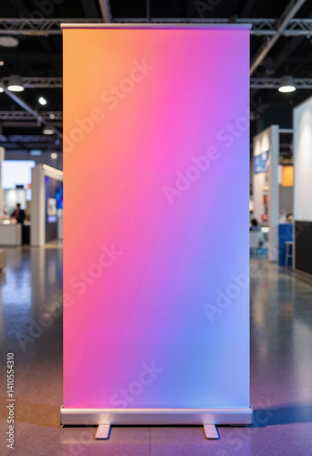 Vibrant roll-up banner mockup in exhibition hall, marketing display
