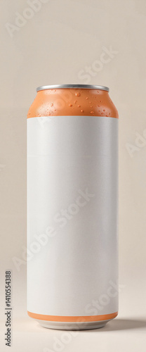 Sleek beverage can design with condensation, modern mockup presentation