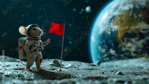 A cute little mouse in an astronaut suit stands on the moon, holding up a red flag with one hand and pointing to Earth with the other hand. In the background is the planet Earth.