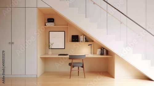 Minimalist workspace built into stairwell recess 