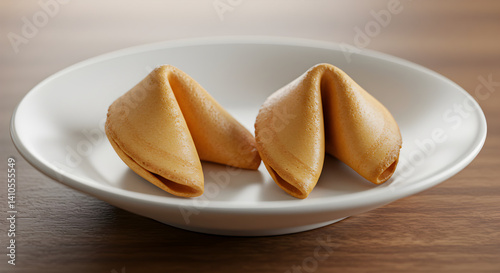 Two Fortune Cookies Served on White Plate Symbolizing Future Outlook