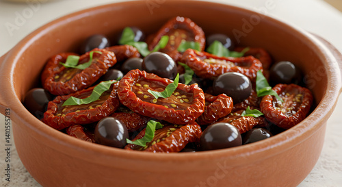 Mediterranean Delight: Sun Dried Tomatoes And Olives In Rustic Bowl