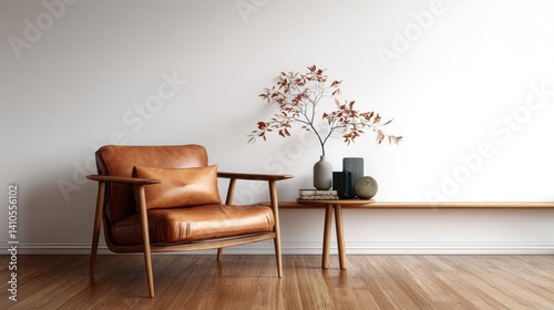 Relaxing leather armchair in a minimalist living room setting. Warm, earthy tones create a calm and inviting atmosphere.