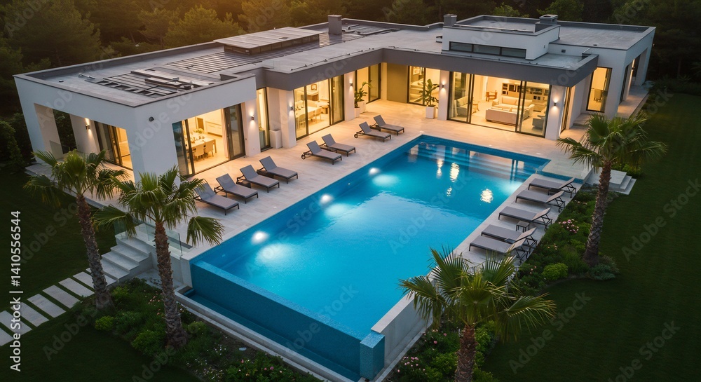 Fototapeta premium 夕暮れ時輝くプール付き豪邸、美しいシルエットと温かい光