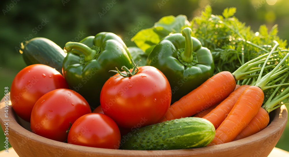 Assorted Fresh Garden Vegetables Displayed in Rustic Wooden Bowl Assorted Fresh Garden Vegetables Displayed in Rustic Wooden Bowl
