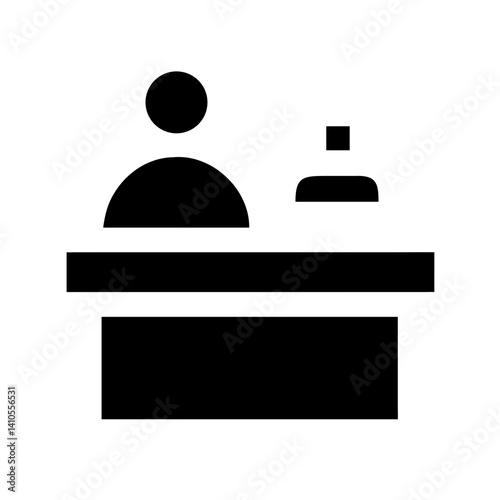 A bold black and white icon of an information desk, representing public service, help desks, and customer support. Ideal for signage and apps.