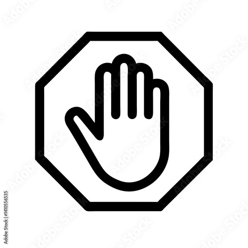 A bold stop hand icon inside an octagon, symbolizing prohibition, restriction, and warnings. Ideal for road signs, safety, and cautionary designs.