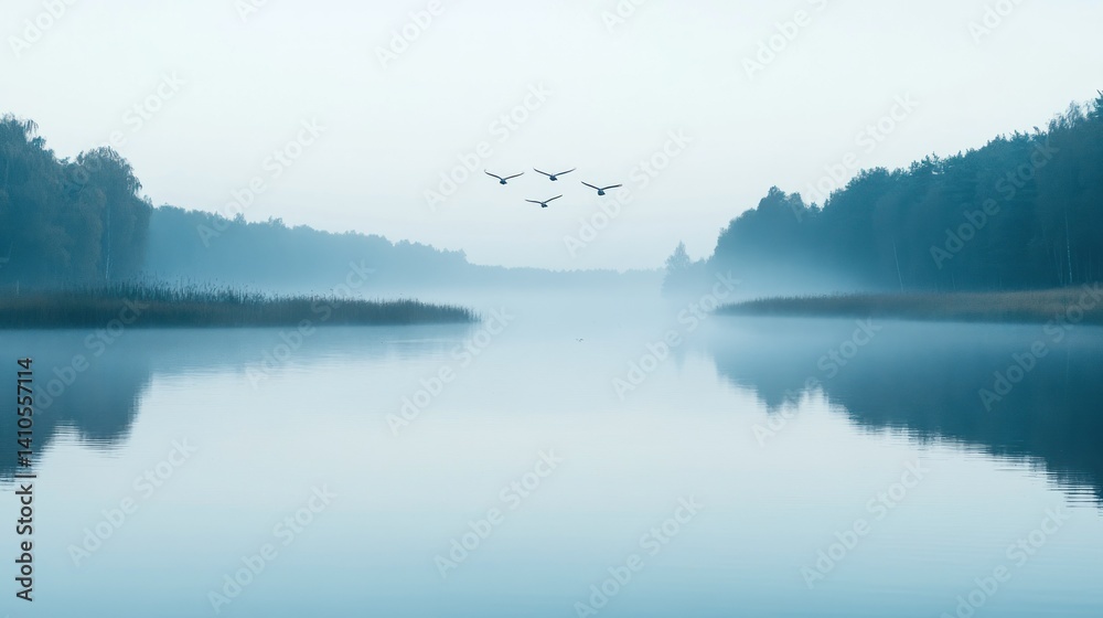 Fototapeta premium A tranquil lake scene with birds flying through the air
