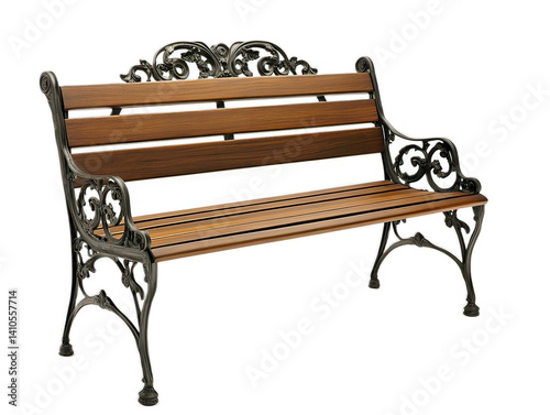 Wooden park bench with ornate cast iron legs, Victorian style, detailed scrollwork, traditional garden furniture, white background