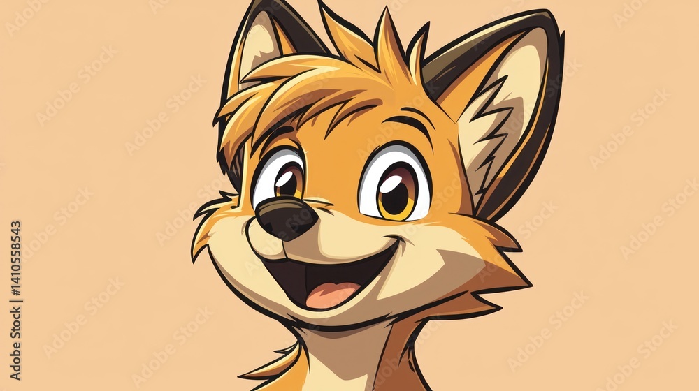 Obraz premium Cartoon Fox Portrait, Happy Expression, Against Plain Background, Possible Use Children's Books, Stock Photo