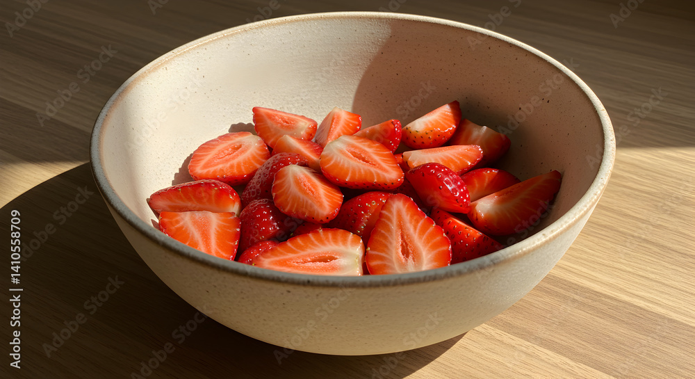 Sunlit Strawberries In a Ceramic Bowl On A Wooden Table Surface Sunlit Strawberries In a Ceramic Bowl On A Wooden Table Surface