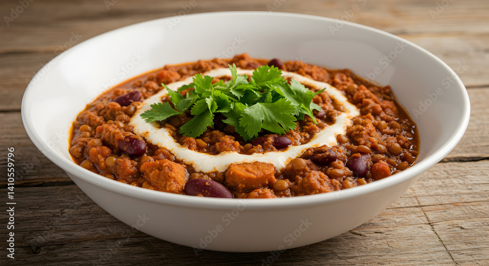 Hearty Bowl Of Chili Garnished With Cream And Fresh Cilantro Leaves Hearty Bowl Of Chili Garnished With Cream And Fresh Cilantro Leaves