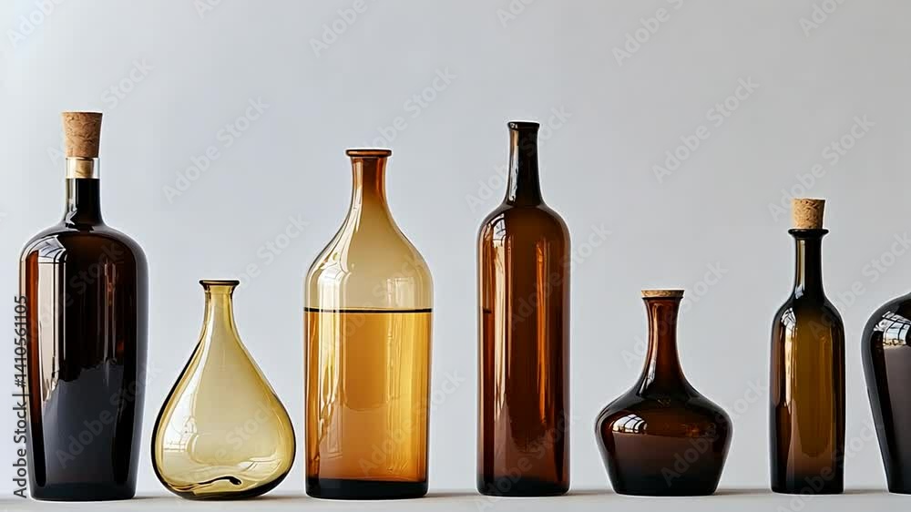 Collection of Elegant Amber Glass Bottles on a White Background Display
