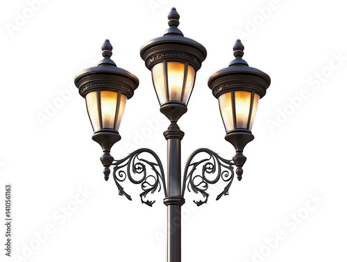 Decorative street lamp post with ornate scrollwork, vintage-inspired lighting, traditional urban illumination furniture, white background