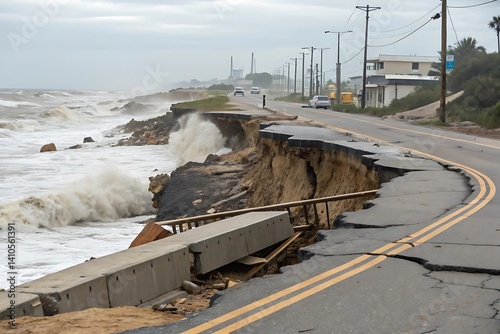 Coastal Erosion: A powerful image capturing the destructive force of nature as crashing waves erode the coastline, undermining the asphalt road and threatening nearby buildings.