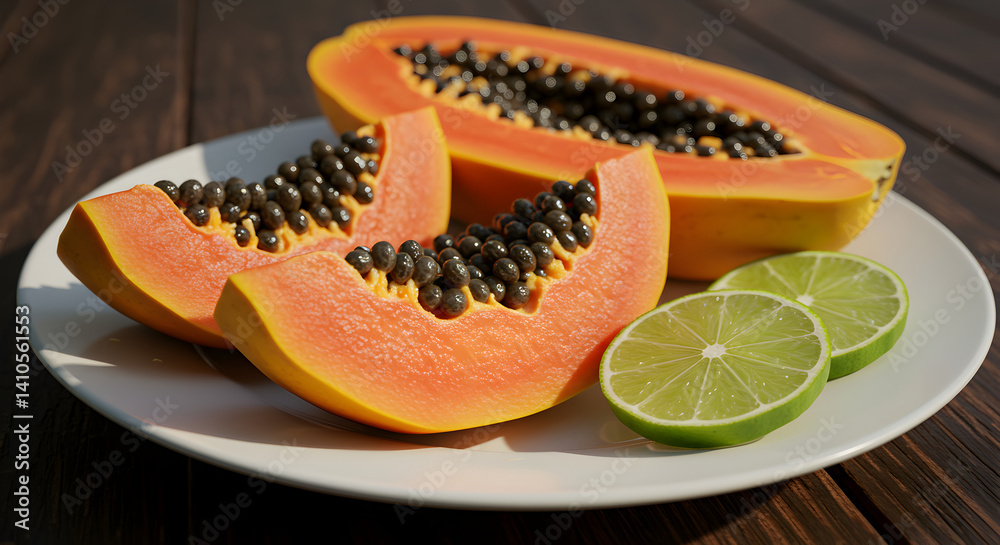 Exotic Fruit Plate With Ripe Papaya Slices And Refreshing Lime Exotic Fruit Plate With Ripe Papaya Slices And Refreshing Lime