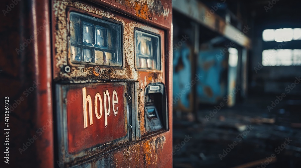 Fototapeta premium A rusted vending machine filled with expired dreams, each one labeled