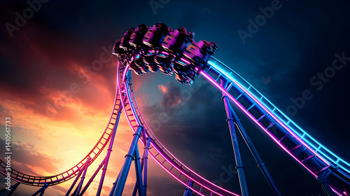 Vibrant Neon Roller Coaster At Sunset