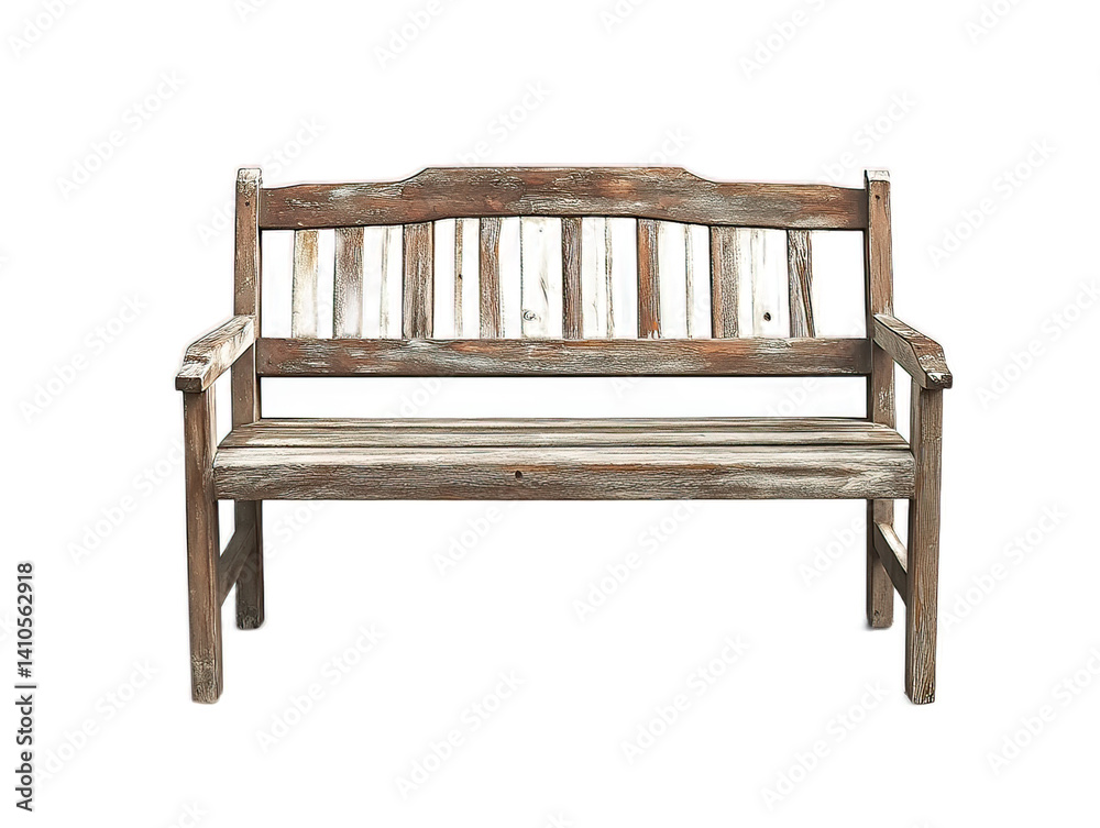 Wooden boardwalk bench with slatted seat and back, coastal promenade furniture, oceanfront seating solution, white background Wooden boardwalk bench with slatted seat and back, coastal promenade furniture, oceanfront seating solution, white background