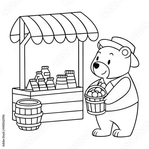 Friendly Bear Holding Honey at a Market Stall with Apples in a Barrel