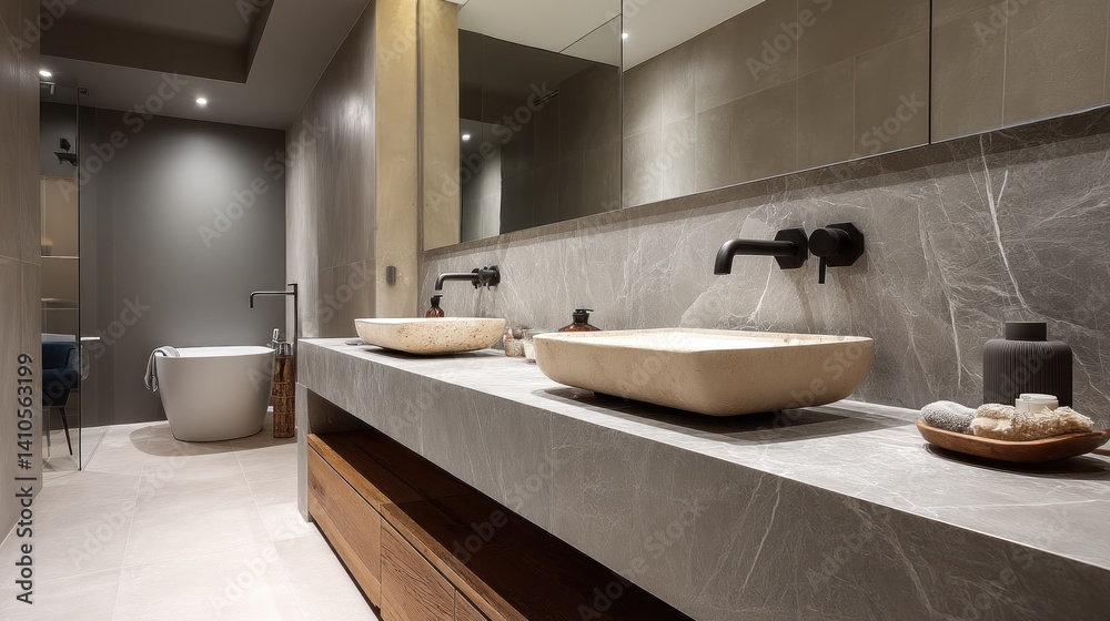 Modern bathroom with in-wall taps and freestanding sink Modern bathroom with in-wall taps and freestanding sink