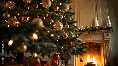 Vertical UHD Cozy Christmas Room with Tree and Fireplace Glow