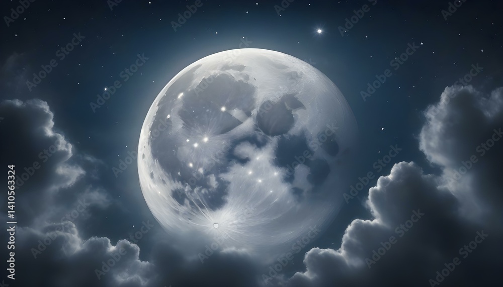 Obraz premium A stunning view of a full moon shining brightly in a dark and starry night sky.