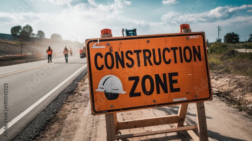Construction Zone Road Sign with Workers