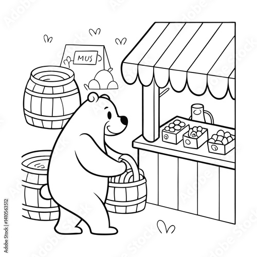 Friendly Bear Holding Honey at a Market Stall with Apples in a Barrel