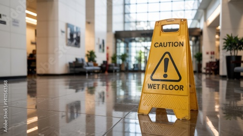 Caution Wet Floor Sign in Modern Lobby