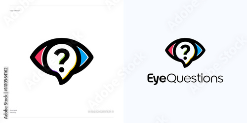 Eye health care logo icon design vector illustration element editable, Symbol eye vision with questions sign and bubble chat or talk for consultation communication and brand identity business