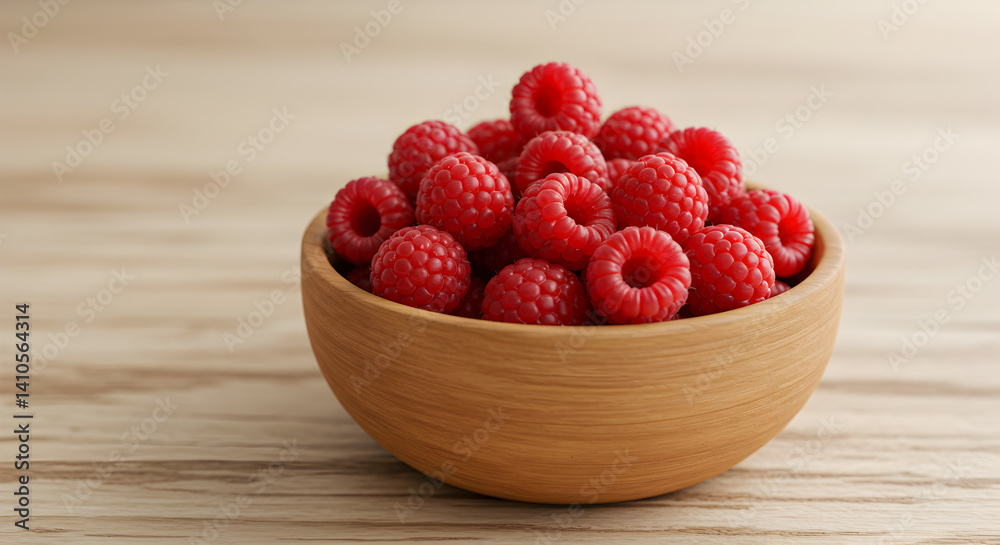 Fresh Raspberries In A Wooden Bowl On Bright Wooden Background Fresh Raspberries In A Wooden Bowl On Bright Wooden Background