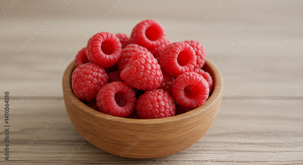 Fresh Raspberries In Wooden Bowl On Rustic Table Top Close Up