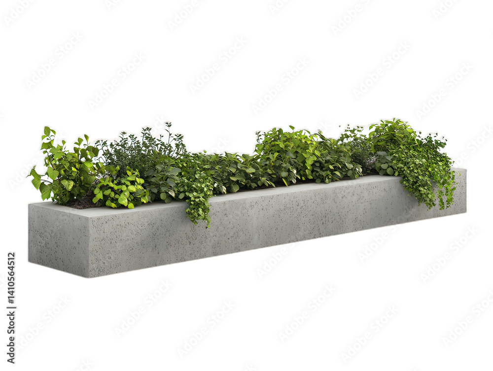 Concrete barrier planter with integrated seating, security bollard with vegetation, defensive urban design furniture, white background Concrete barrier planter with integrated seating, security bollard with vegetation, defensive urban design furniture, white background