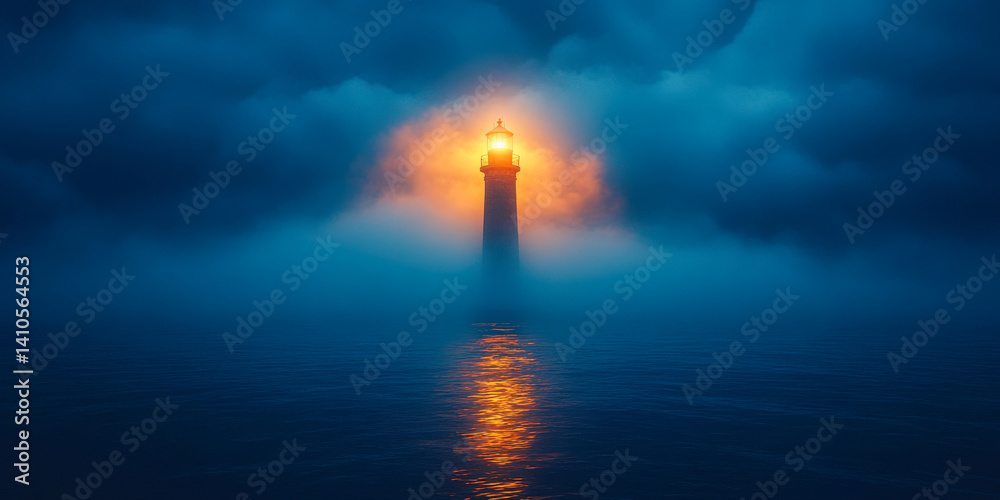 Mysterious lighthouse beam cutting through dense fog over water during twilight Mysterious lighthouse beam cutting through dense fog over water during twilight