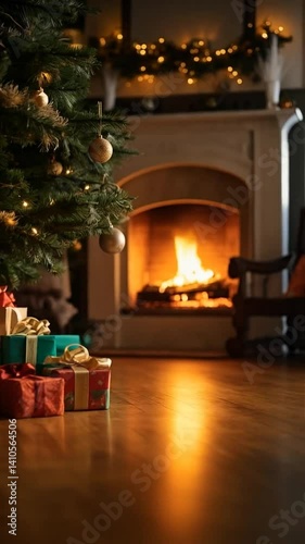  Vertical UHD Cozy Christmas Room with Tree and Fireplace Glow