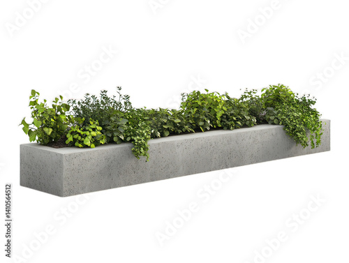 Concrete barrier planter with integrated seating, security bollard with vegetation, defensive urban design furniture, white background