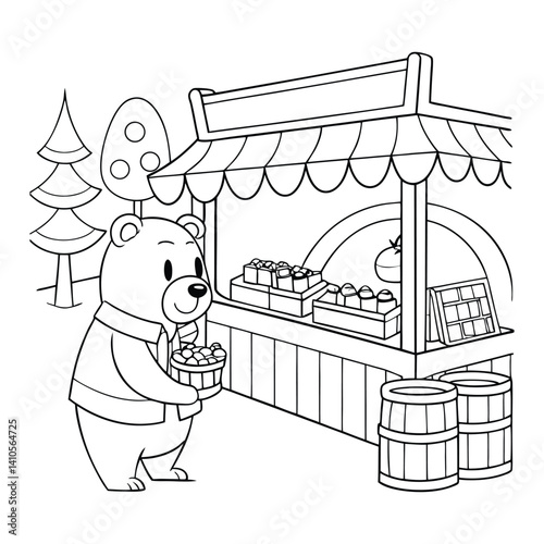 Friendly Bear Holding Honey at a Market Stall with Apples in a Barrel