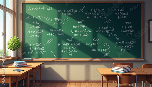 Mathematical equations on chalkboard in classroom education environment