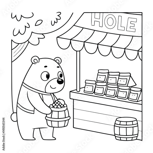 Friendly Bear Holding Honey at a Market Stall with Apples in a Barrel