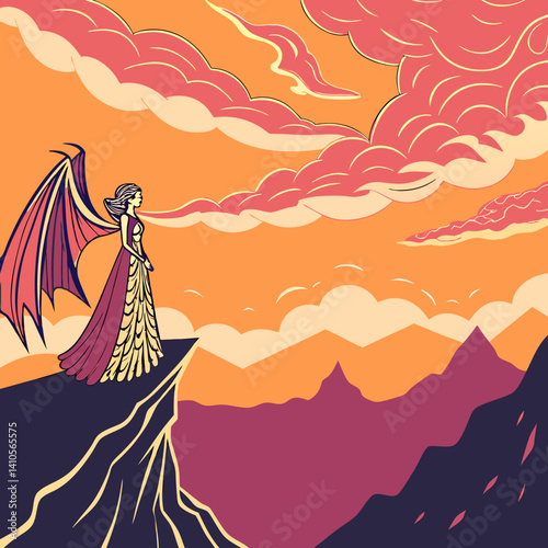 An elegant Dragon Girl with fiery wings stands on a cliff at sunset in this fantasy-style illustration, capturing a moment of power and mystery.